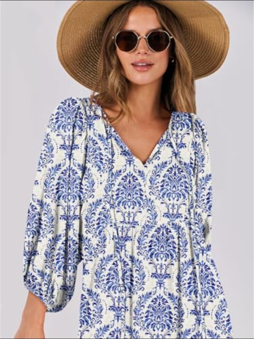 Womens V Neck Floral Maxi Dress Blue Puff Sleeve Empire Waist Boho Coastal Artsy - Picture 4 of 5